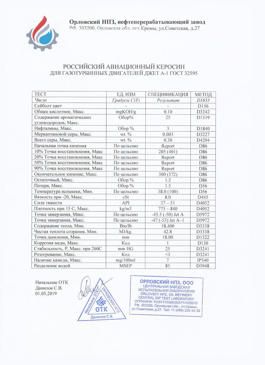 cerificate jet a1 fuel